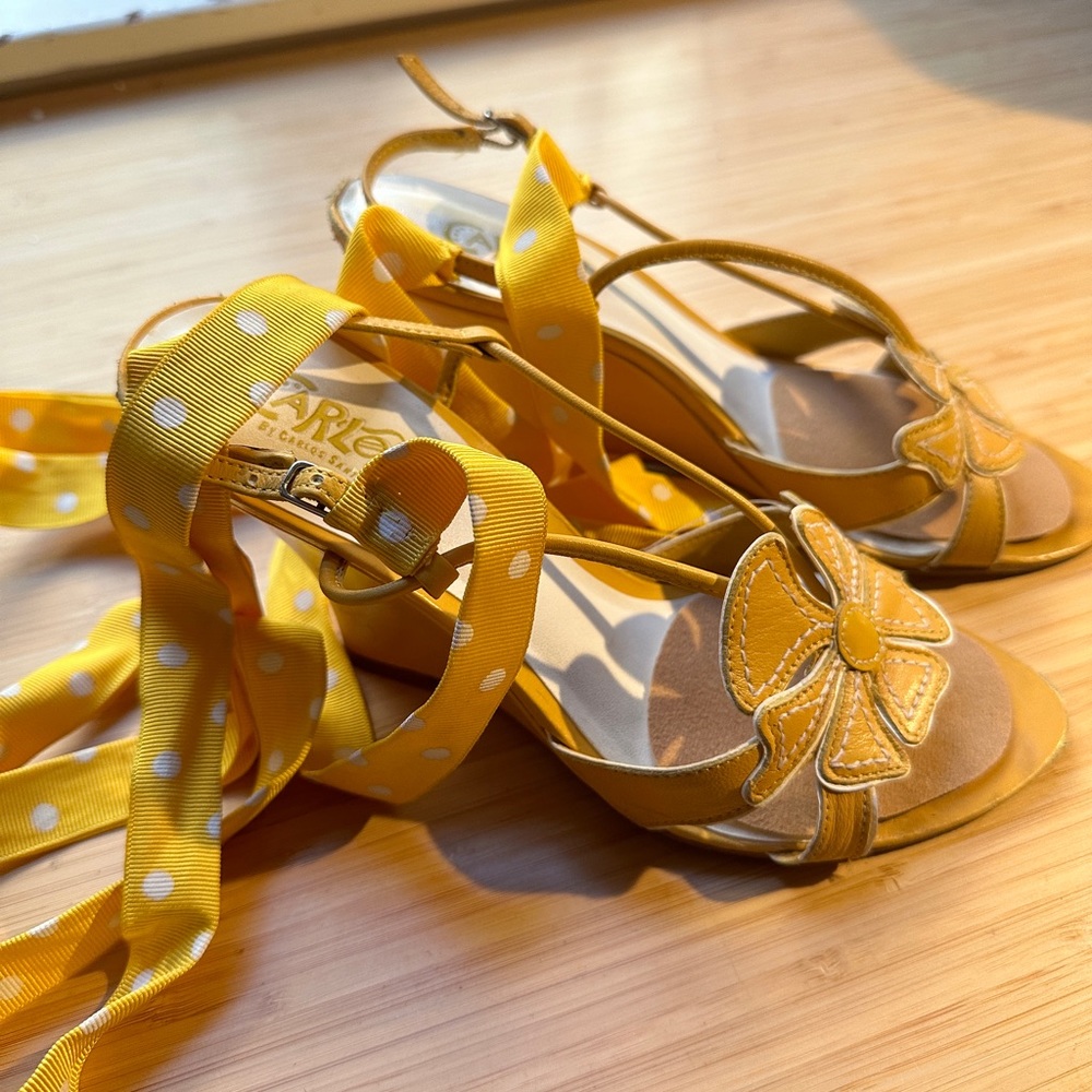 Carlos Santana yellow strappy wedge sandles